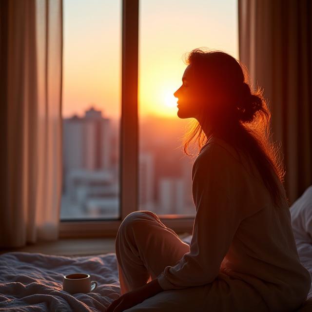 Donna in contemplazione matturina alla luce dell'alba